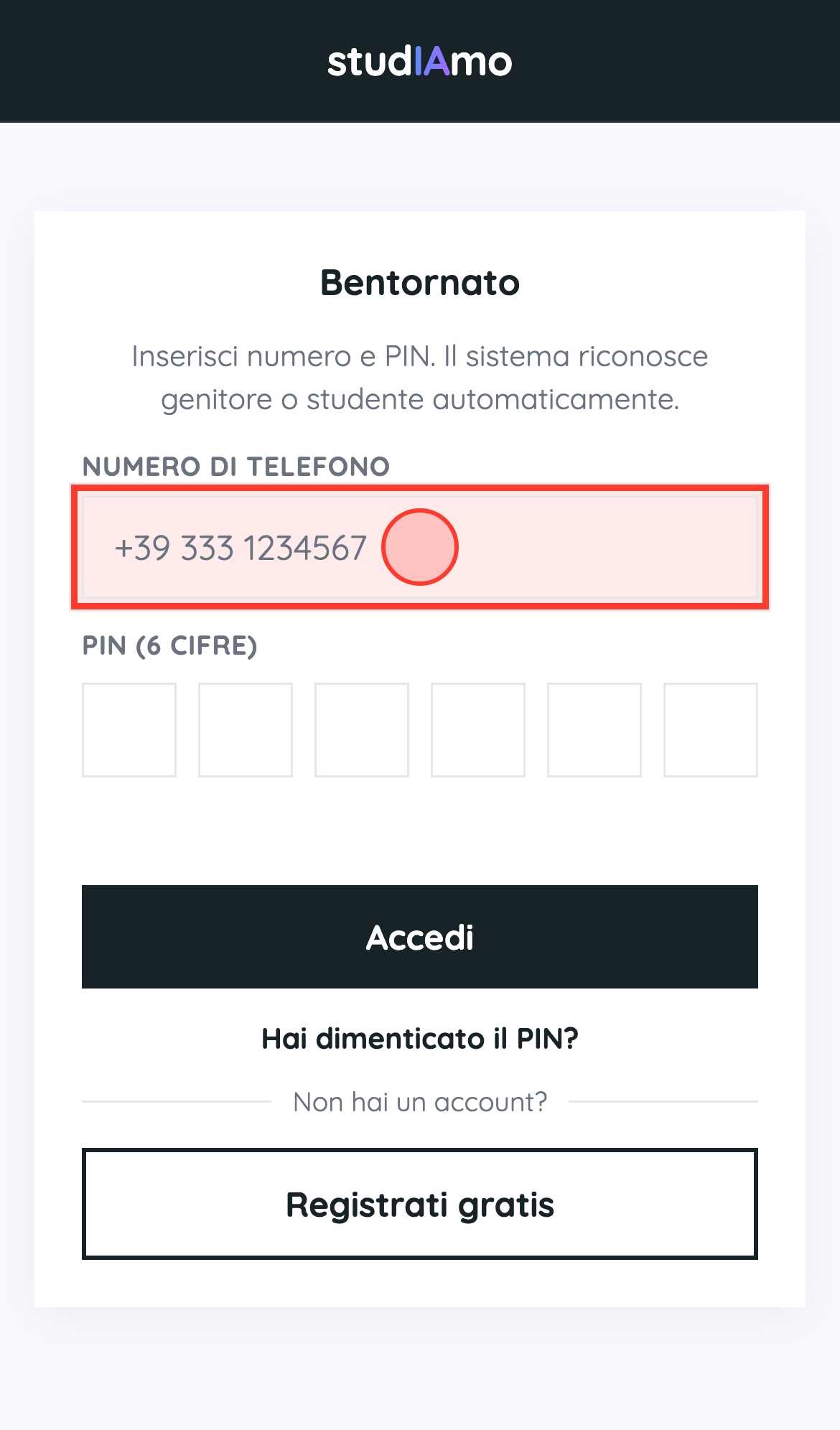 Apri l'app: schermata di accesso