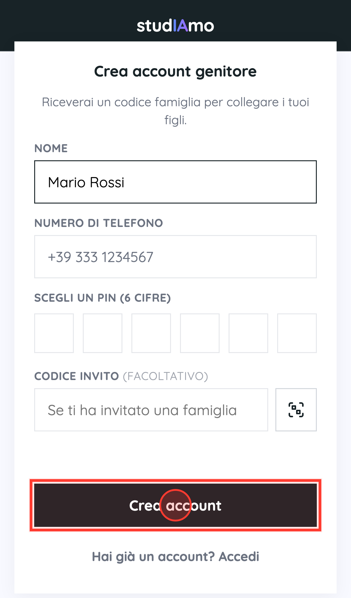 Apri «Crea account»