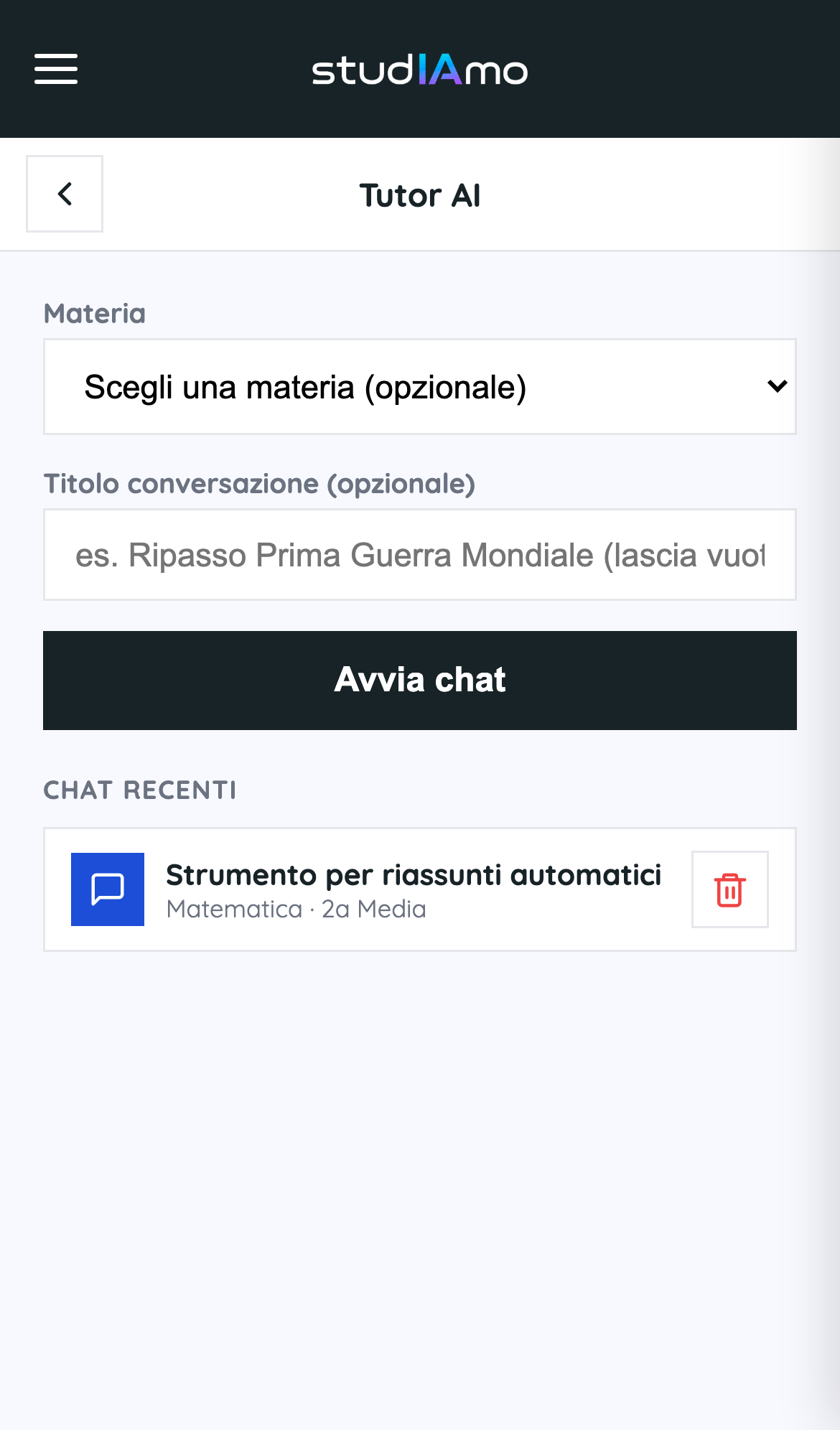 Apri il Tutor AI e avvia la chat