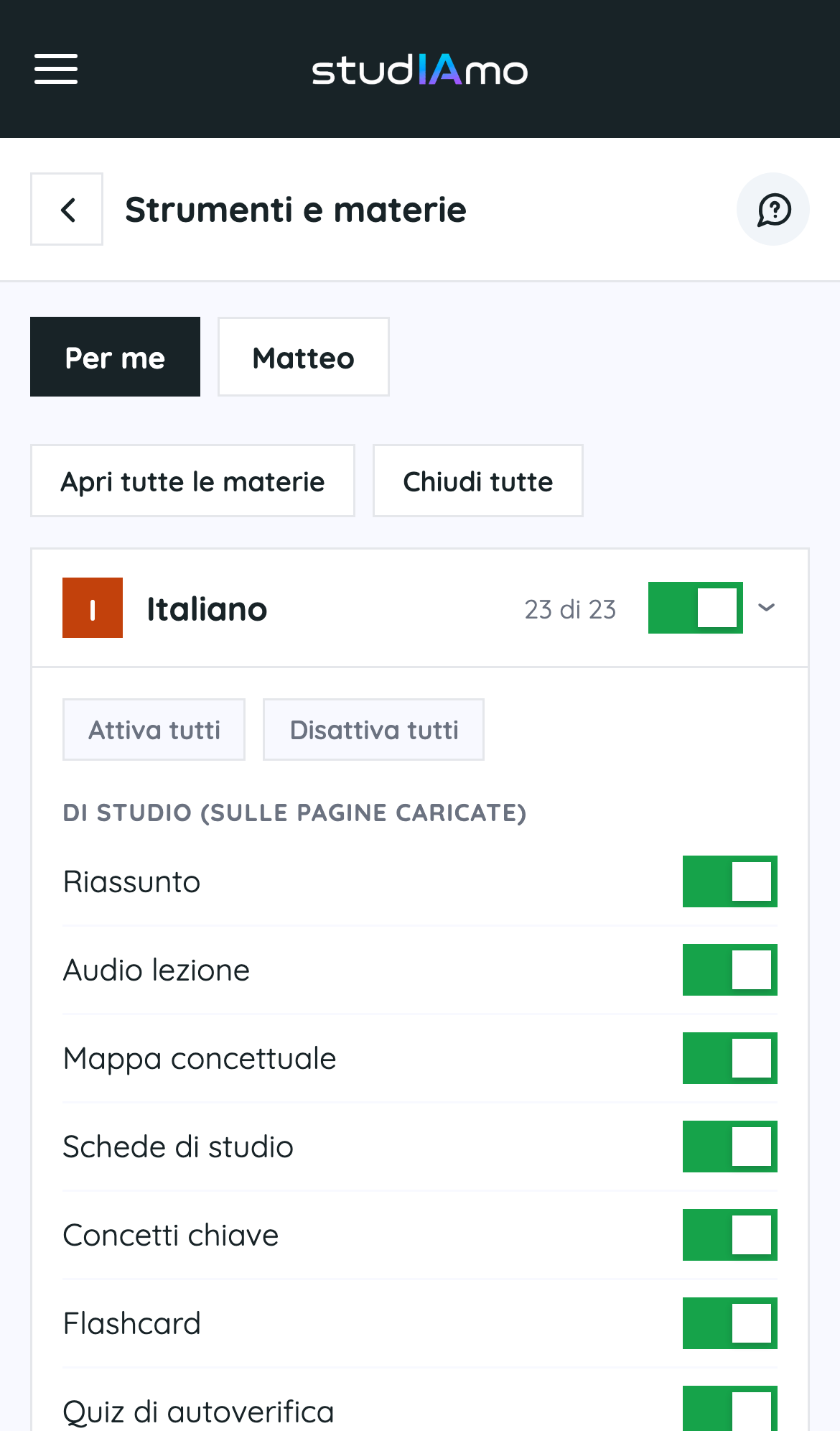 Apri una materia per i singoli strumenti