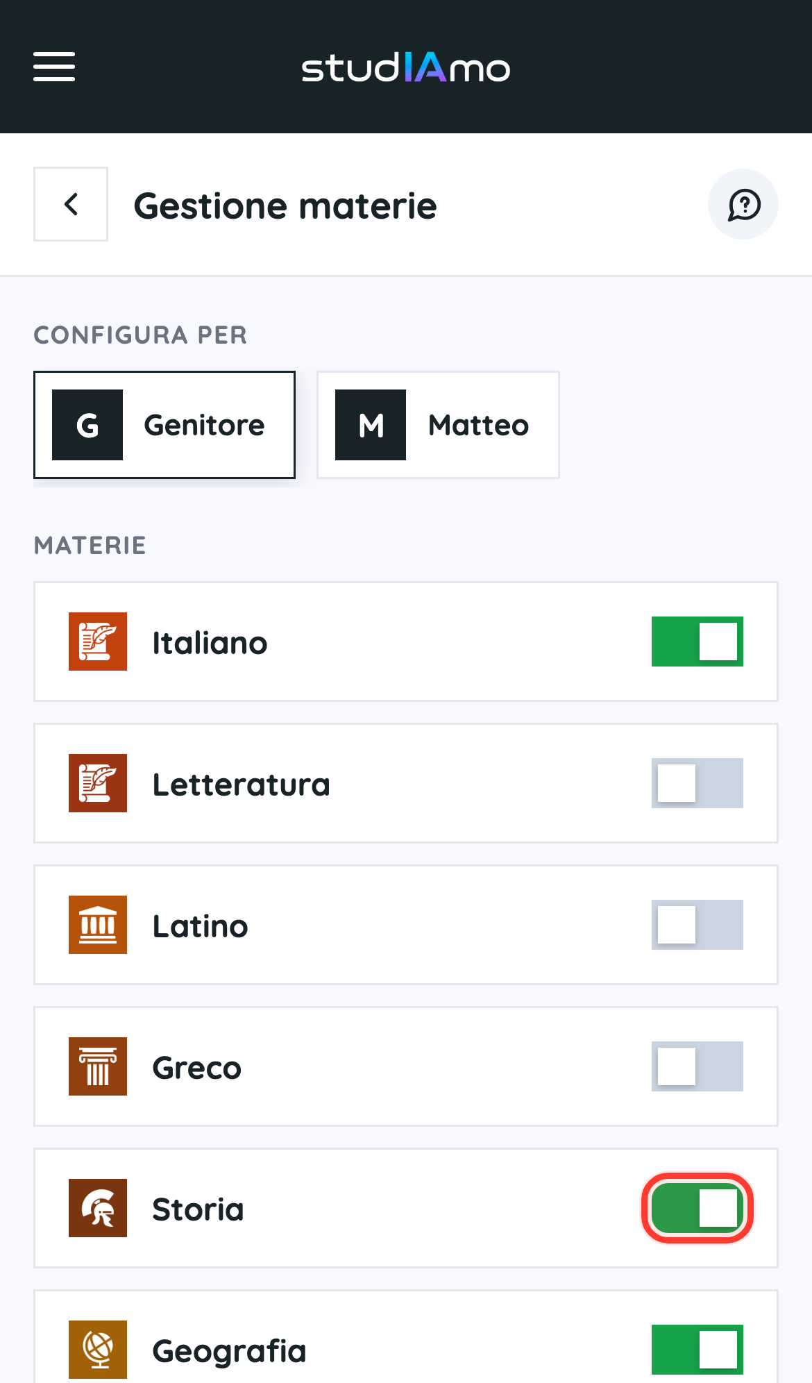Apri «Gestione materie»