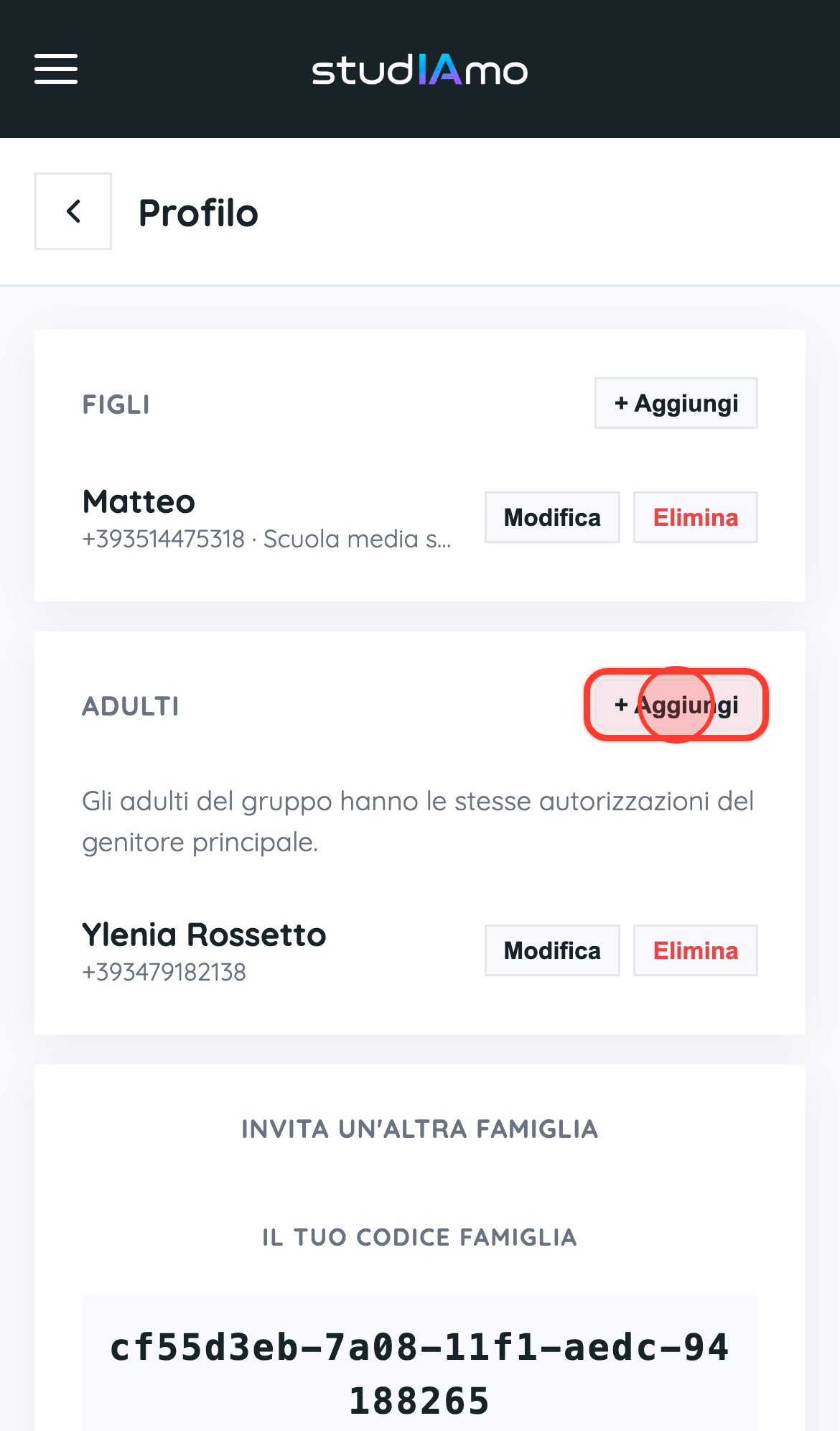 Apri il Profilo → «Adulti»