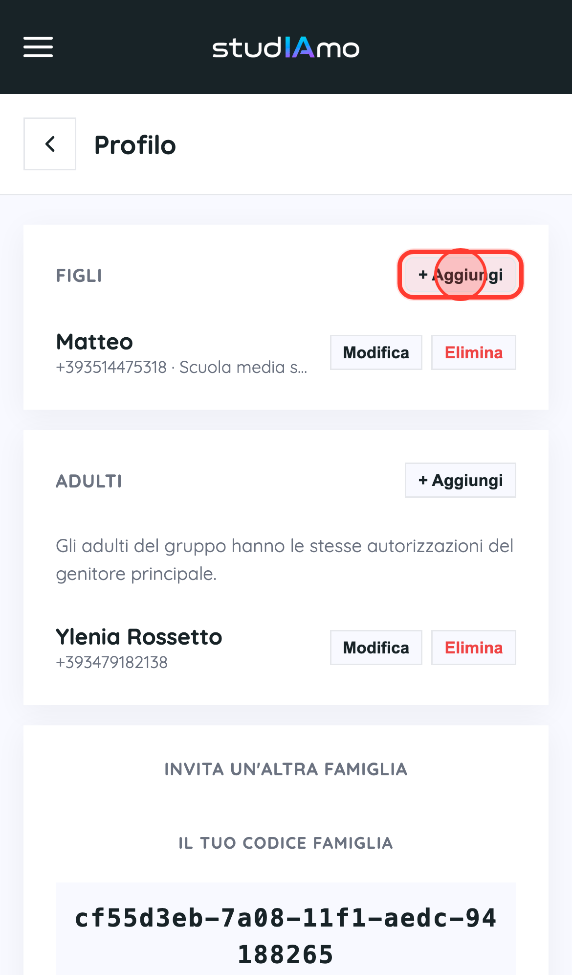 Apri il Profilo → «Figli»