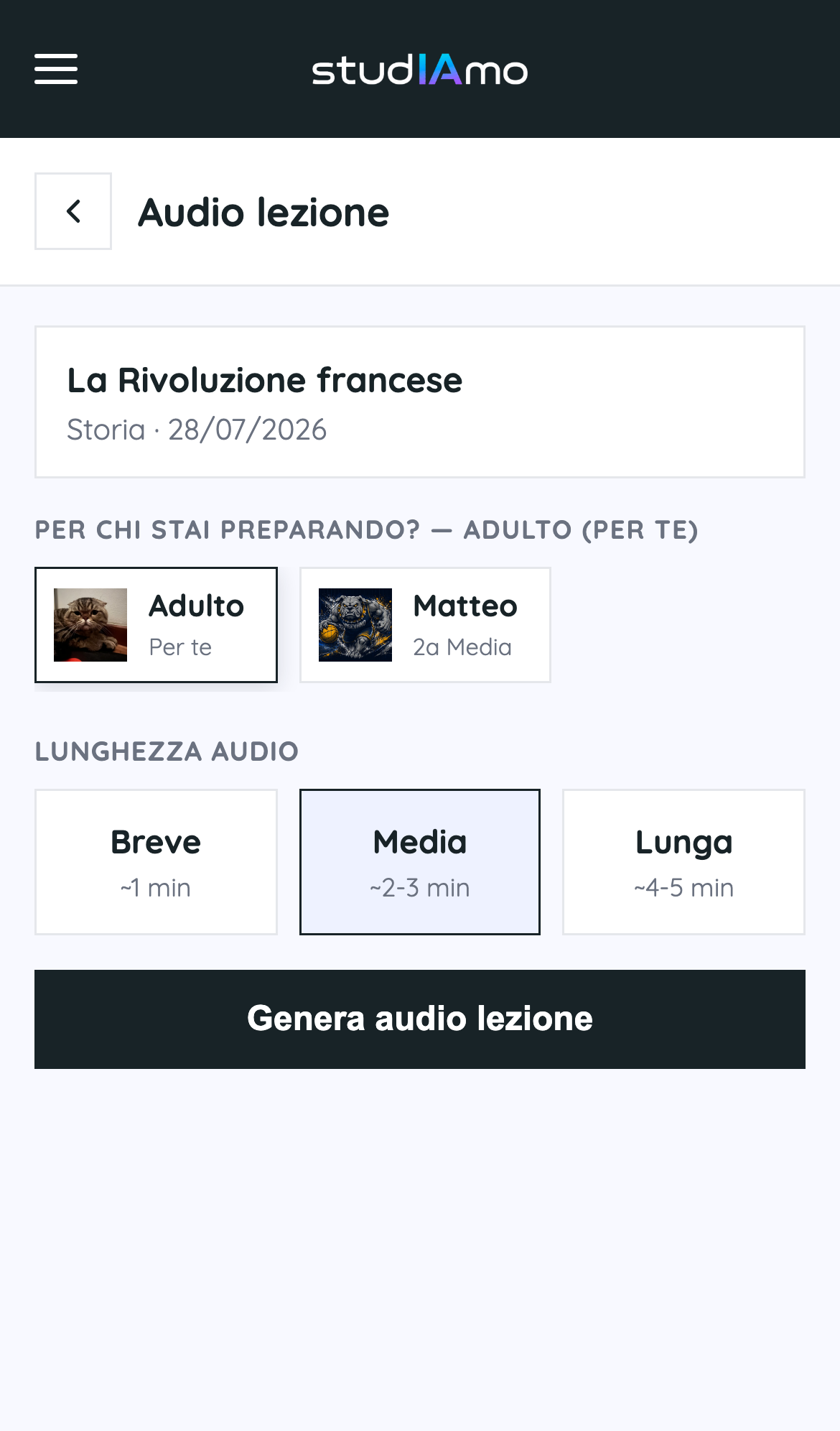 Scegli durata e genera